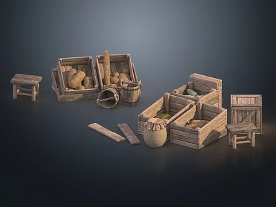 Wooden Crates With Potatoes Loaf Of Bread Basket Clay Jar Small Stool And Wooden Planks 3d model