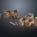 Wooden Crates With Potatoes Loaf Of Bread Basket Clay Jar Small Stool And Wooden Planks