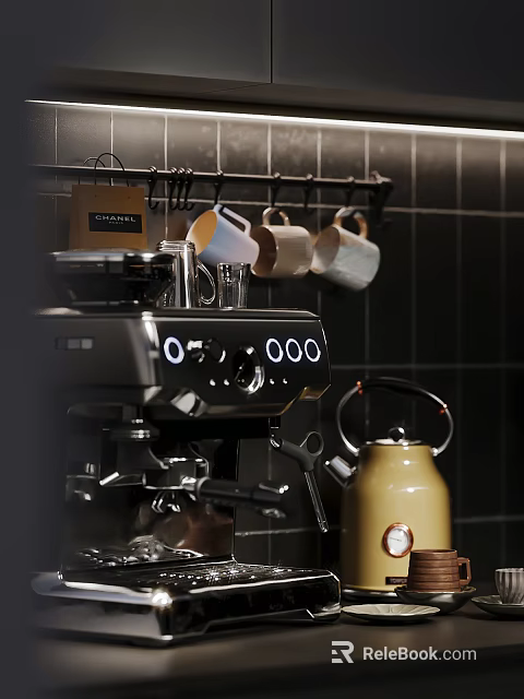 Modern Kitchen Interior With Black Tiled Wall Hanging Mugs Coffee Machine And Kettle 3d model