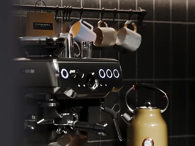 Modern Kitchen Interior With Black Tiled Wall Hanging Mugs Coffee Machine And Kettle 3d model