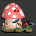 Cartoon Mushroom House Scene With Pink White Spots Red Door Small Window And Flowers