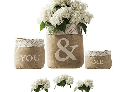 White Hydrangea Flowers in Burlap Containers with YOU and ME Lettering and Loose Stems 3d model