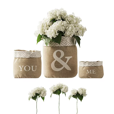 White Hydrangea Flowers in Burlap Containers with YOU and ME Lettering and Loose Stems 3d model