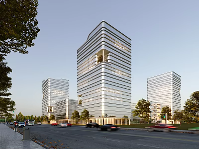 Modern High Rise Office Building With Glass Curtain Walls On Street With Trees And Vehicles 3d model