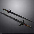 Brave Warrior And Fierce Creature Holding Intricate Swords With Brown Metal Hilts