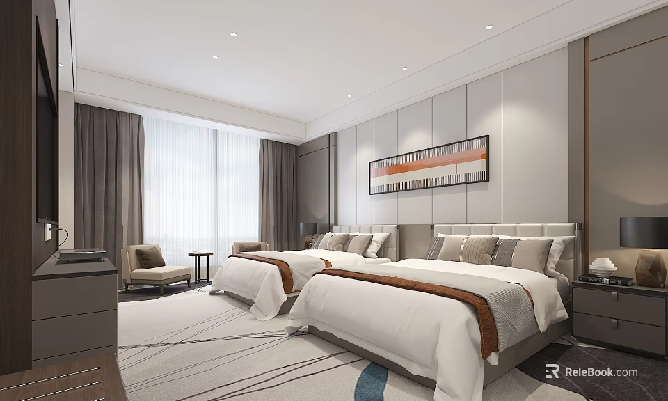 Modern Hotel Room Interior Design With Twin Beds Large Windows And Decorative Painting 3d model 