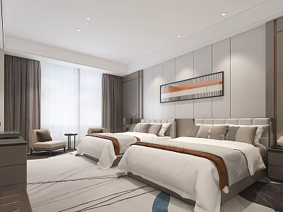 Modern Hotel Room Interior Design With Twin Beds Large Windows And Decorative Painting 3d model