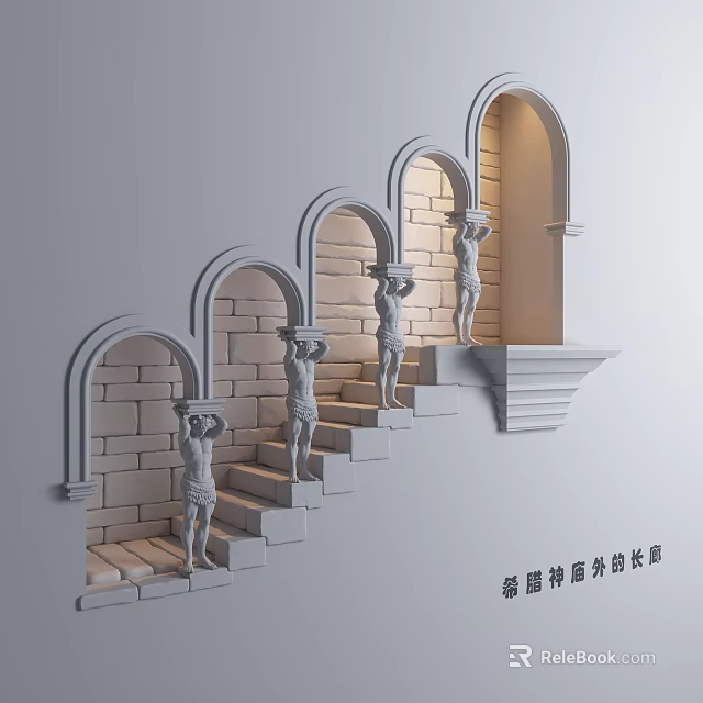 Greek Mythology Style Decorative Ornament Set with Statues on Stone Steps and Arches 3d model 