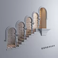 Greek Mythology Style Decorative Ornament Set with Statues on Stone Steps and Arches