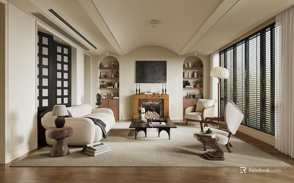Modern Living Room Interior Design With Sofa Chair Coffee Table Fireplace And Bookshelves 3d model 