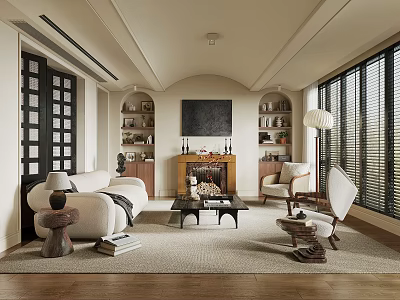 Modern Living Room Interior Design With Sofa Chair Coffee Table Fireplace And Bookshelves 3d model
