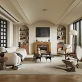 Modern Living Room Interior Design With Sofa Chair Coffee Table Fireplace And Bookshelves