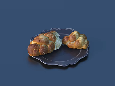 Two Fresh Braided Bread Loaves on Black Plate with Bitten Piece 3d model