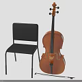 Wooden Cello With Black Chair And Bow For Musical Instrument Setup