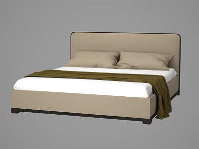 Modern Double Bed With Beige Headboard Two Pillows White Sheet Dark Green Blanket Black Frame 3d model