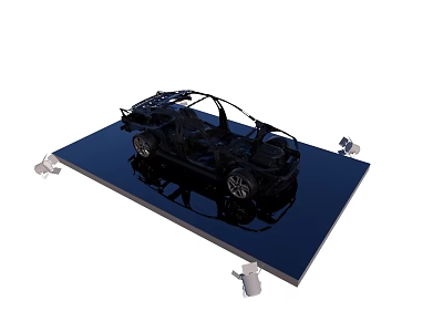 Black Automobile Frame Structure Placed On Blue Platform With Support Brackets 3d model