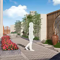 Scenic Courtyard Garden Featuring Cherry Blossom Tree Flower Beds Stone Path And People Silhouettes
