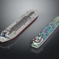 Water Transport Vessels Including Bulk Carrier and Container Ship with Flat Deck and Stacked Containers