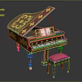 Ornately Decorated Grand Piano With Golden Patterns And Red Cushion Stool