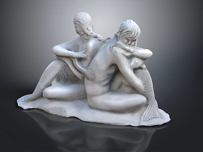 White Mermaid Sculptures Sitting Together With One Playing Instrument And Another Hugging Knees 3d model