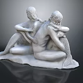 White Mermaid Sculptures Sitting Together With One Playing Instrument And Another Hugging Knees