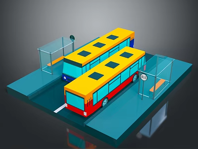 Colorful Bus Stop Platform With Two Buses Waiting Shelter Bench And Signage 3d model