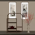 Wooden Multi tier Storage Shelf with Teapot White Vase Red Blossoms and Landscape Paintings