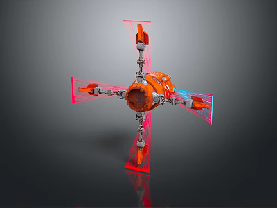 3D Orange Mechanical Cross Structure With Red Blue Arms And Reflective Surface 3d model