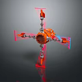 3D Orange Mechanical Cross Structure With Red Blue Arms And Reflective Surface 3d model
