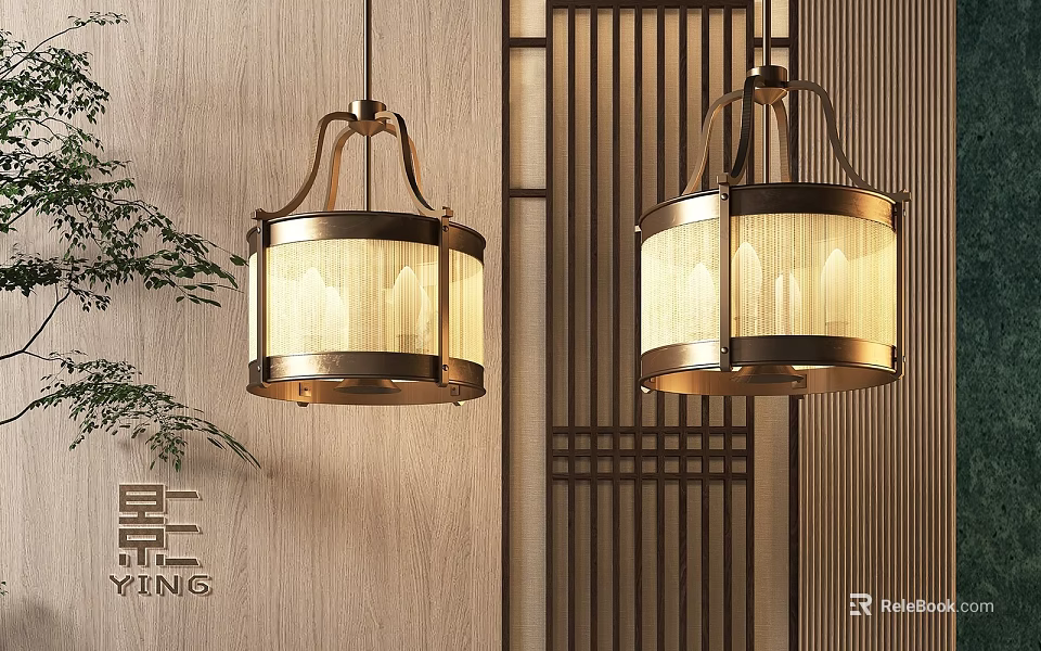 Chinese Style Chandeliers With Metal Frame Fabric Shade And Wooden Wall Lattice 3d model 