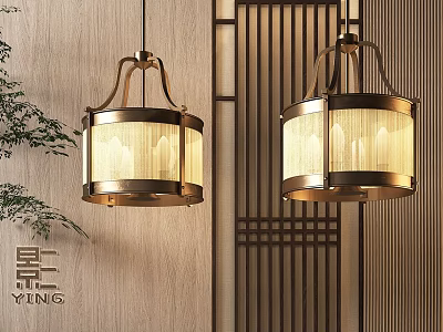 Chinese Style Chandeliers With Metal Frame Fabric Shade And Wooden Wall Lattice 3d model