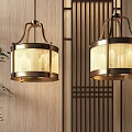 Chinese Style Chandeliers With Metal Frame Fabric Shade And Wooden Wall Lattice