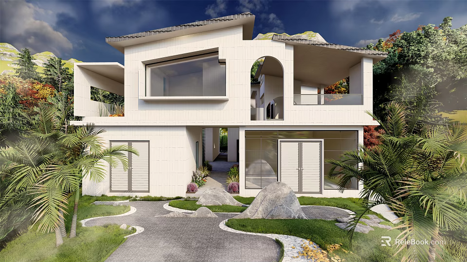 Modern Vacation Home With White Exterior Large Windows Arched Design Palm Trees And Stone Pathway 3d model 