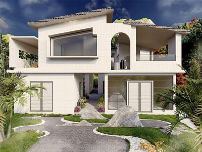 Modern Vacation Home With White Exterior Large Windows Arched Design Palm Trees And Stone Pathway 3d model