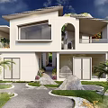 Modern Vacation Home With White Exterior Large Windows Arched Design Palm Trees And Stone Pathway