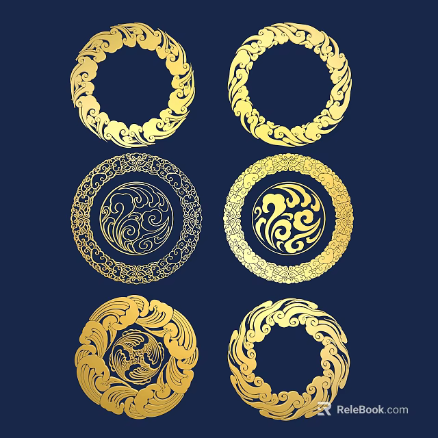 Golden Intricate Circular Ornate Carving Patterns on Dark Blue Background 3d model