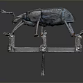 Blue And Black Mechanical Beetle Sculpture On Metal Stand With Decorative Legs