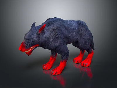 Fantasy Creature With Dark Blue Fur Red Ears Red Paws Sharp Fangs And Aggressive Stance 3d model