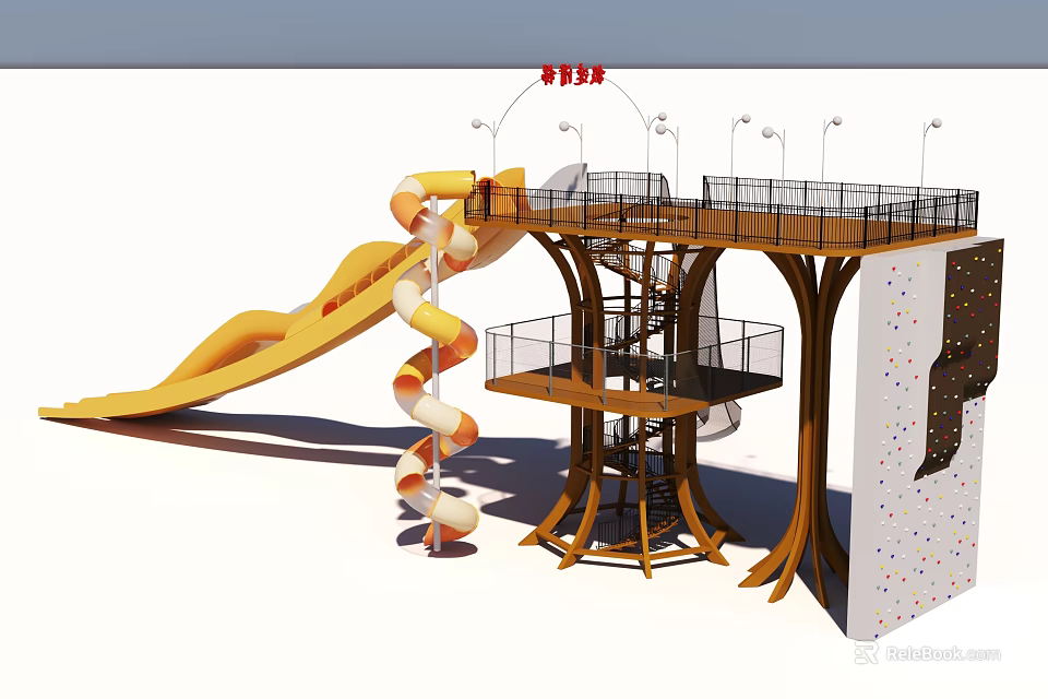 Adventure Playground Equipment With Multi Level Tree Like Structure Slide And Climbing Wall 3d model