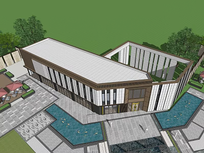 Modern Sales Office Building With Landscaped Garden Water Pools And Glass Facade 3d model