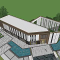 Modern Sales Office Building With Landscaped Garden Water Pools And Glass Facade