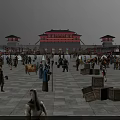 Ancient Architecture Grand Gate Red Roof White Walls Front Square People Walking Talking Boxes Stalls
