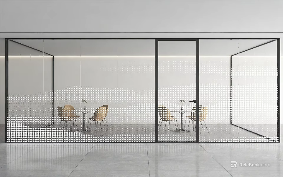 Modern Glass Partition With Grid Pattern For Interior Space With Tables And Chairs 3d model 