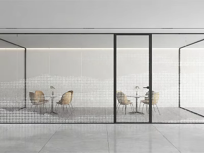 Modern Glass Partition With Grid Pattern For Interior Space With Tables And Chairs 3d model