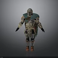 Detailed Medieval Warrior Armor With Green Cape And Gold Accents