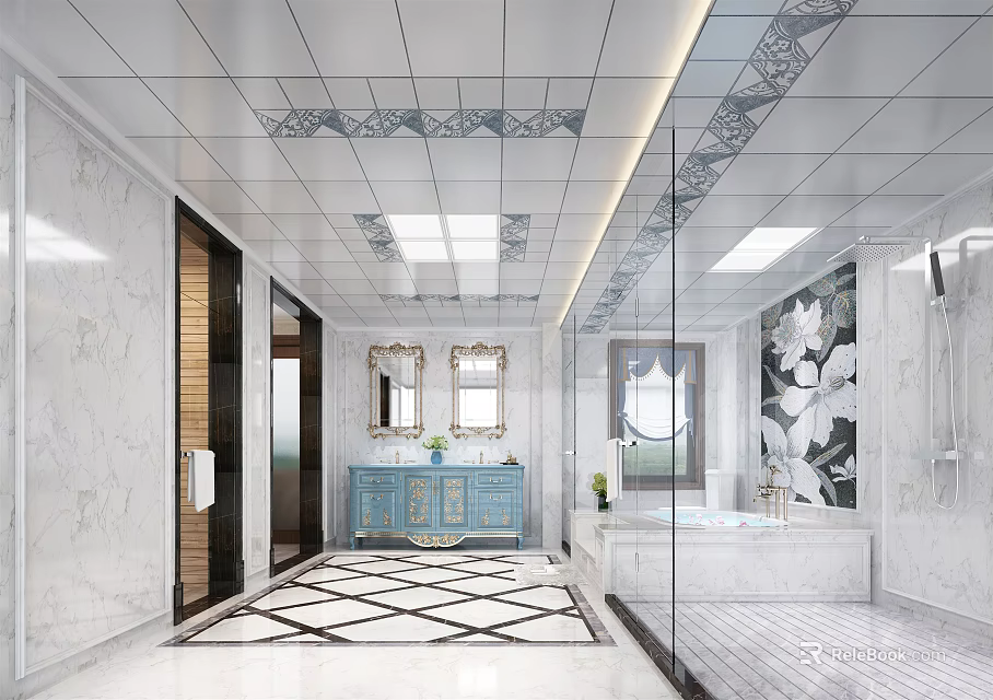 Luxury European Marble Bathroom Interior With Decorative Ceiling Comfortable Bathtub And Classic Blue Vanity Cabinet 3d model 