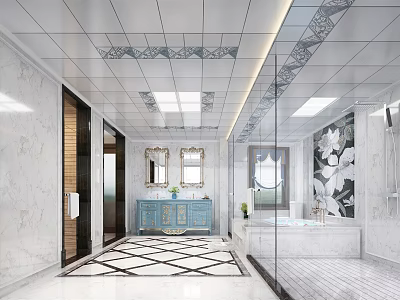 Luxury European Marble Bathroom Interior With Decorative Ceiling Comfortable Bathtub And Classic Blue Vanity Cabinet 3d model