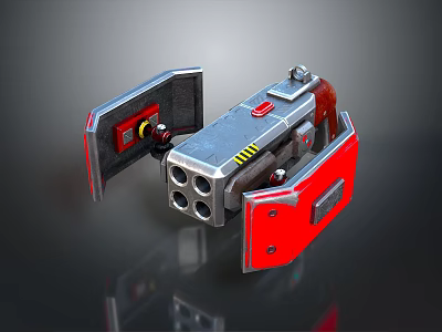 Futuristic Silver And Red Weapon With Multiple Barrels And Yellow Accents 3d model