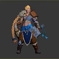 Blonde Female Warrior In Blue Brown Armor With Feather Decor And Bird Inspired Weapons