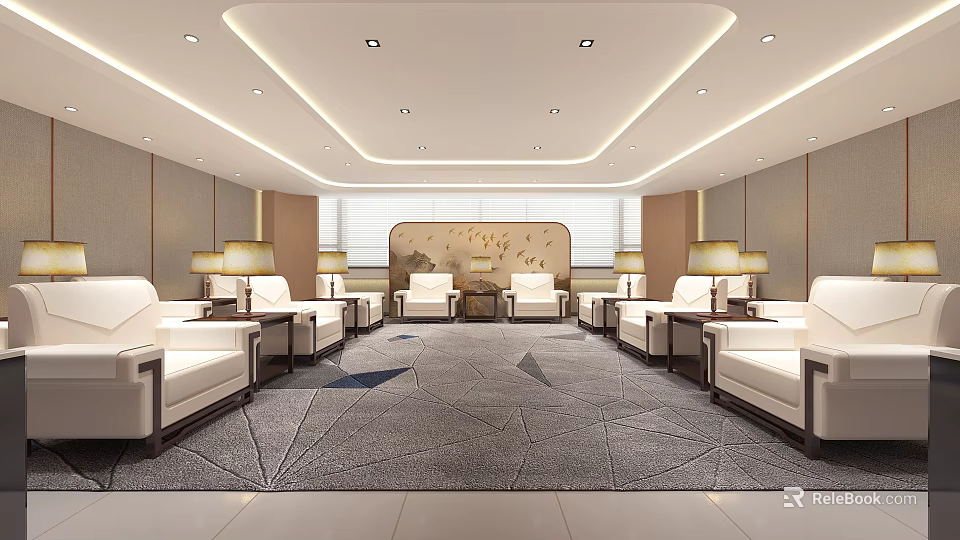 Hotel Public Lounge Area With White Sofas Table Lamps Gray Patterned Carpet Decorative Wall Art 3d model 